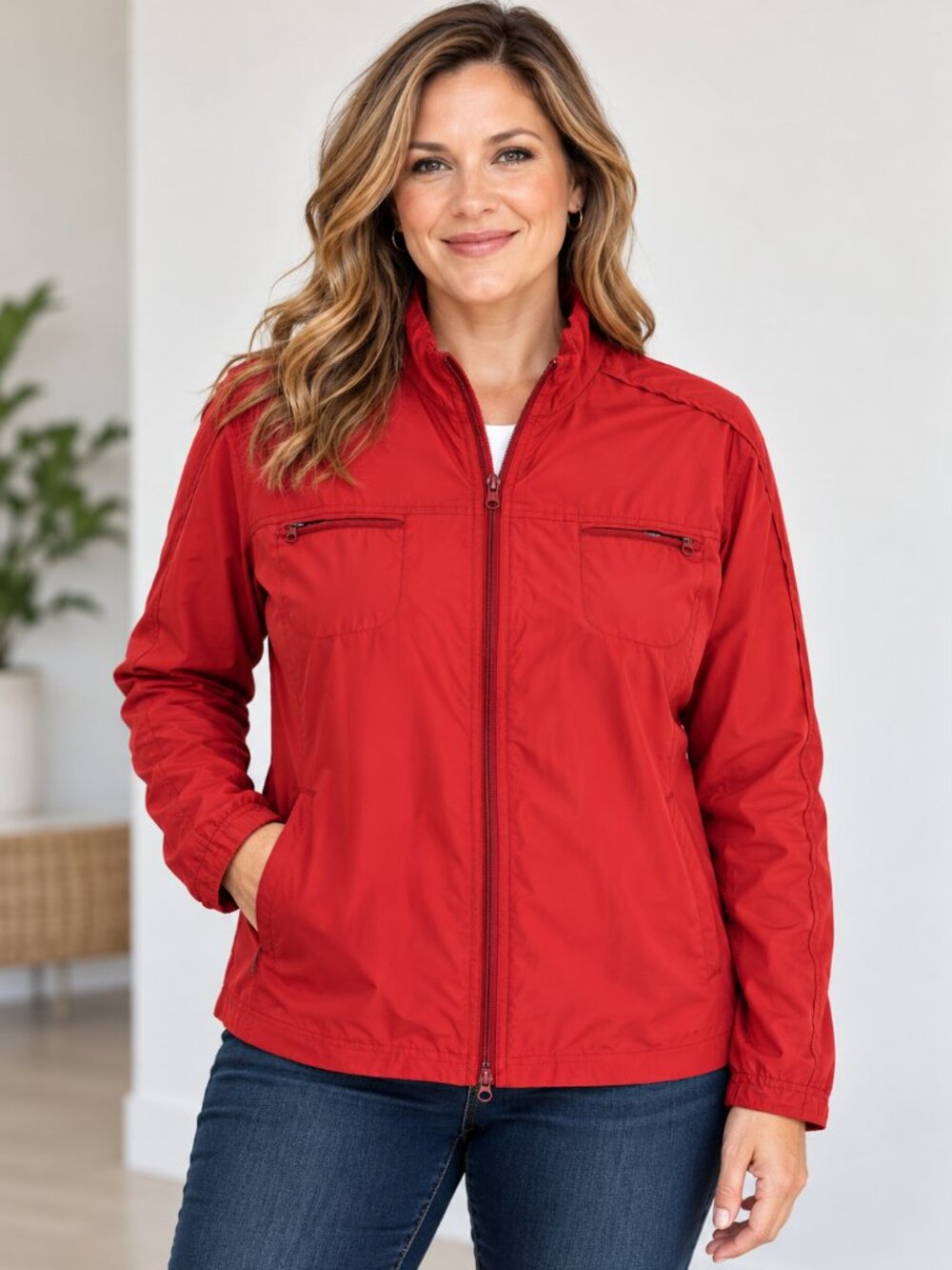 Chico's Zenergy 2 L Red Full Zip Lightweight Jacket Zip Pockets Activewear